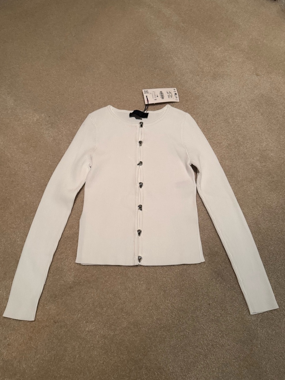 Zara White Ribbed Button-Front Long Sleeve Top